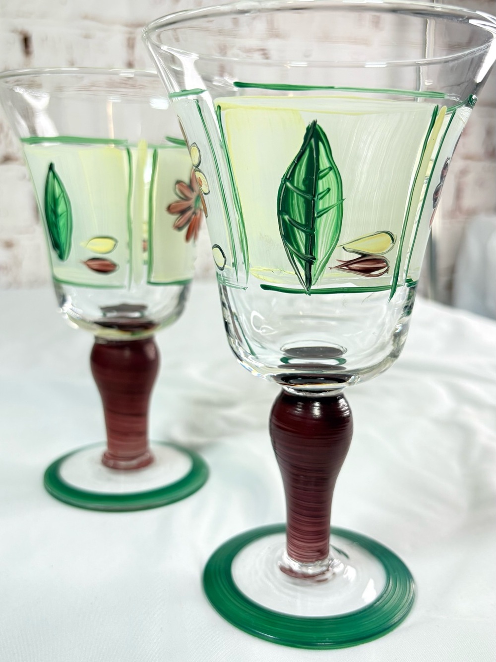 Hand-Painted Floral Wine Glasses - Green & Brown (Set of 2)